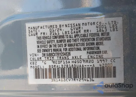 2024 Nissan Sentra Sv Xtronic Cvt z USA, uszkodzony, nr VIN 3N1AB8CV7RY294636